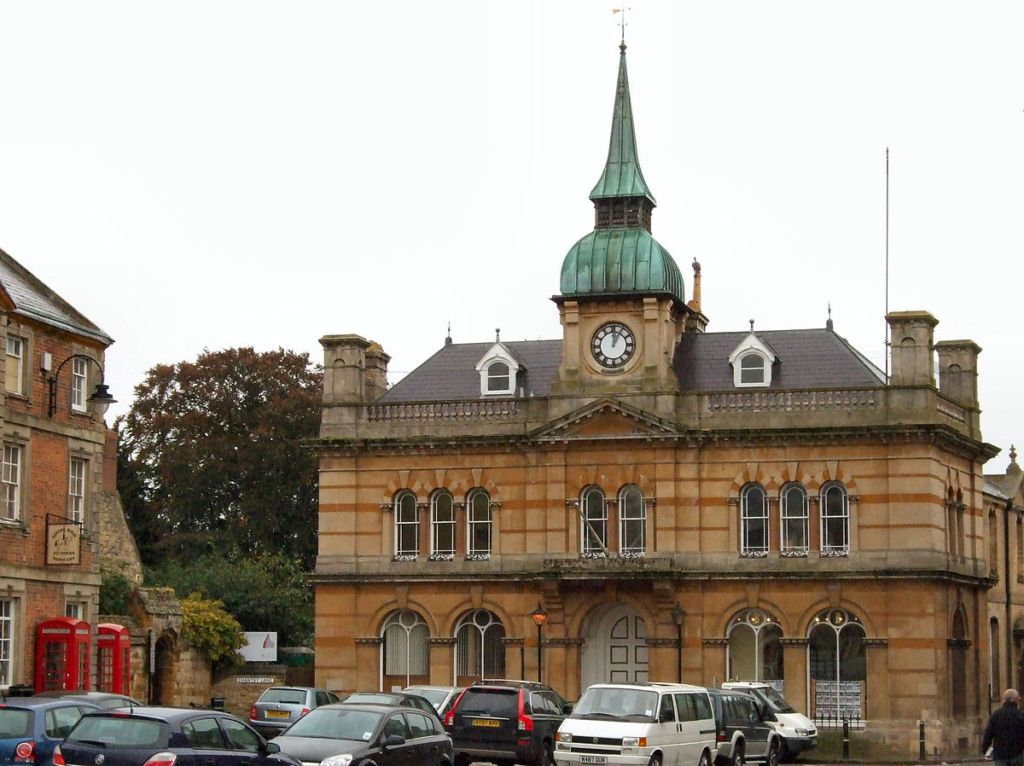 Towcester town centre with shops and Georgian-style buildings