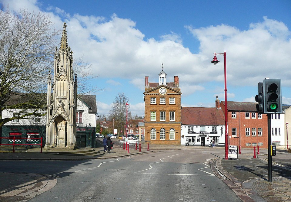 Daventry town centre with market square and surrounding shops